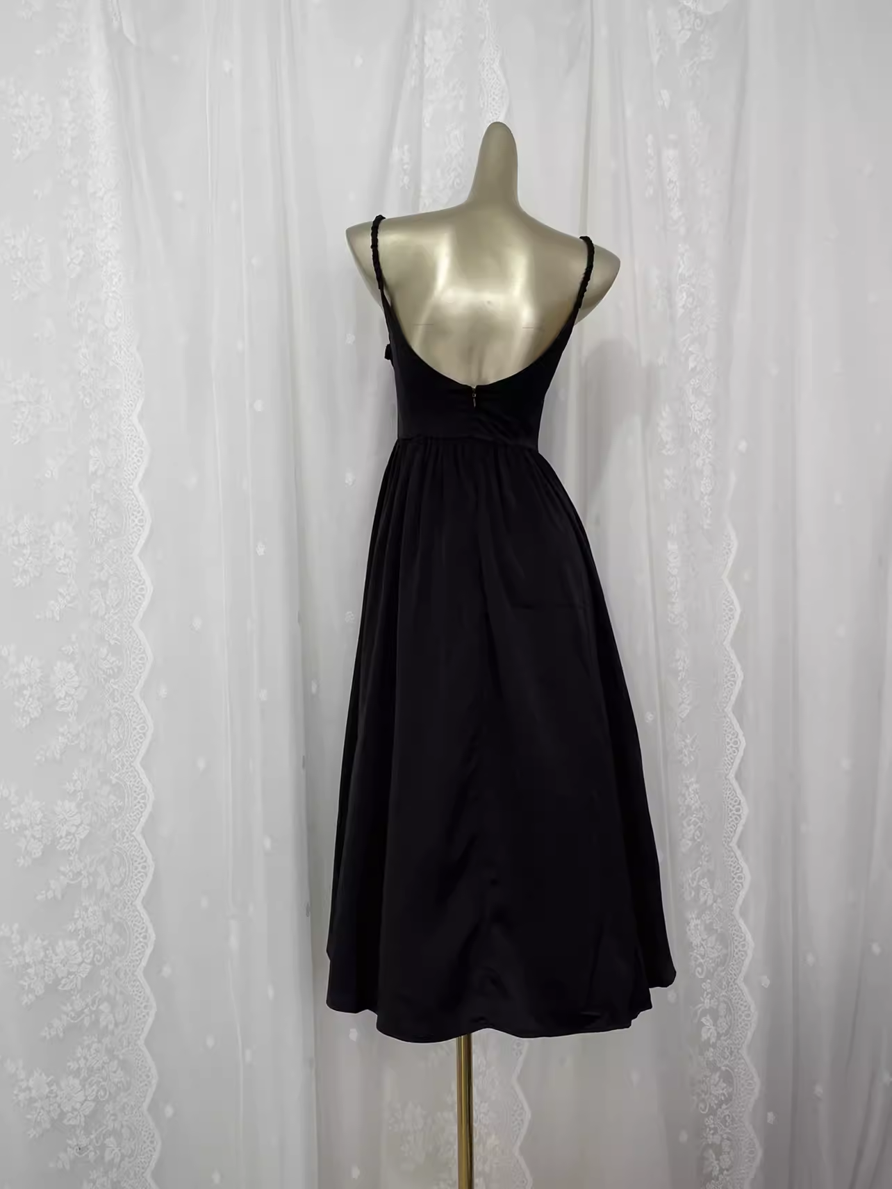 Vintage A line Spaghetti Straps Black Vacation Dress Satin Birthday Dresses