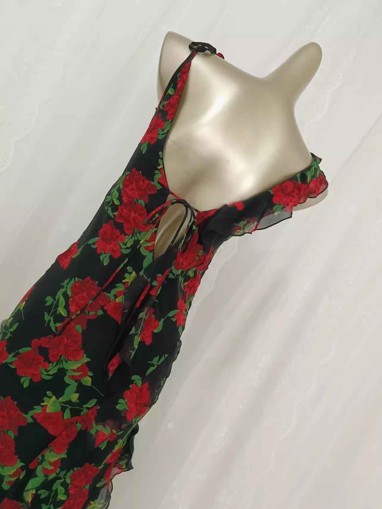 Vintage A line Spaghetti Straps Red Rose Travel Vacation Floral Beach Dress Birthday Outfits