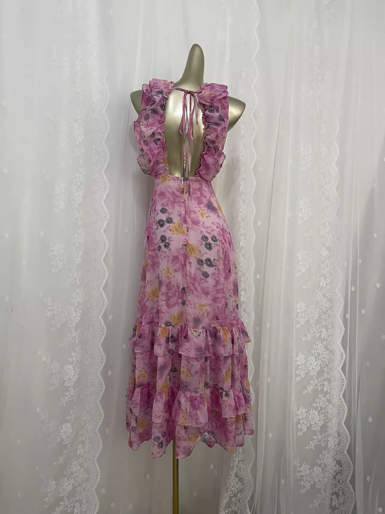 Vintage A line V neckline Pink Rose Travel Vacation Floral Beach Dress Birthday Outfits