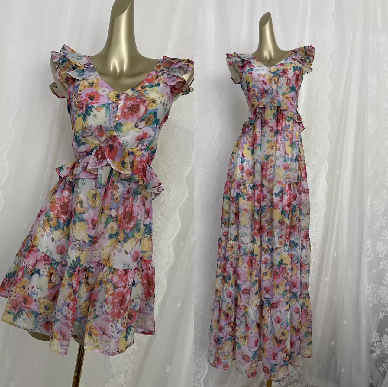 Vintage A line V Neckline Floral Chiffon Travel Vacation Beach Dress Short Dress