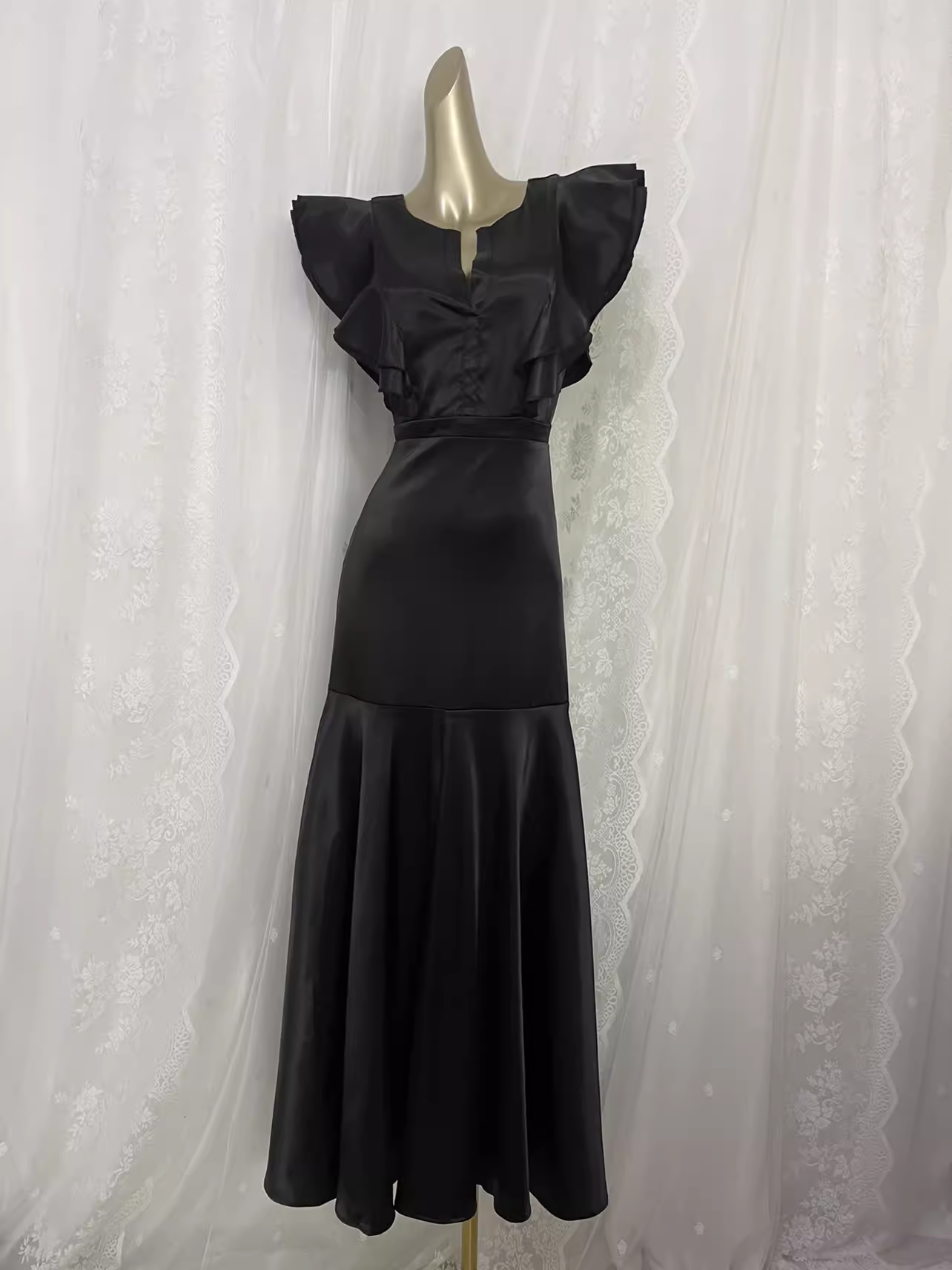 Vintage Sheath Backless Travel Vacation Black Satin Beach Dress Long Dress