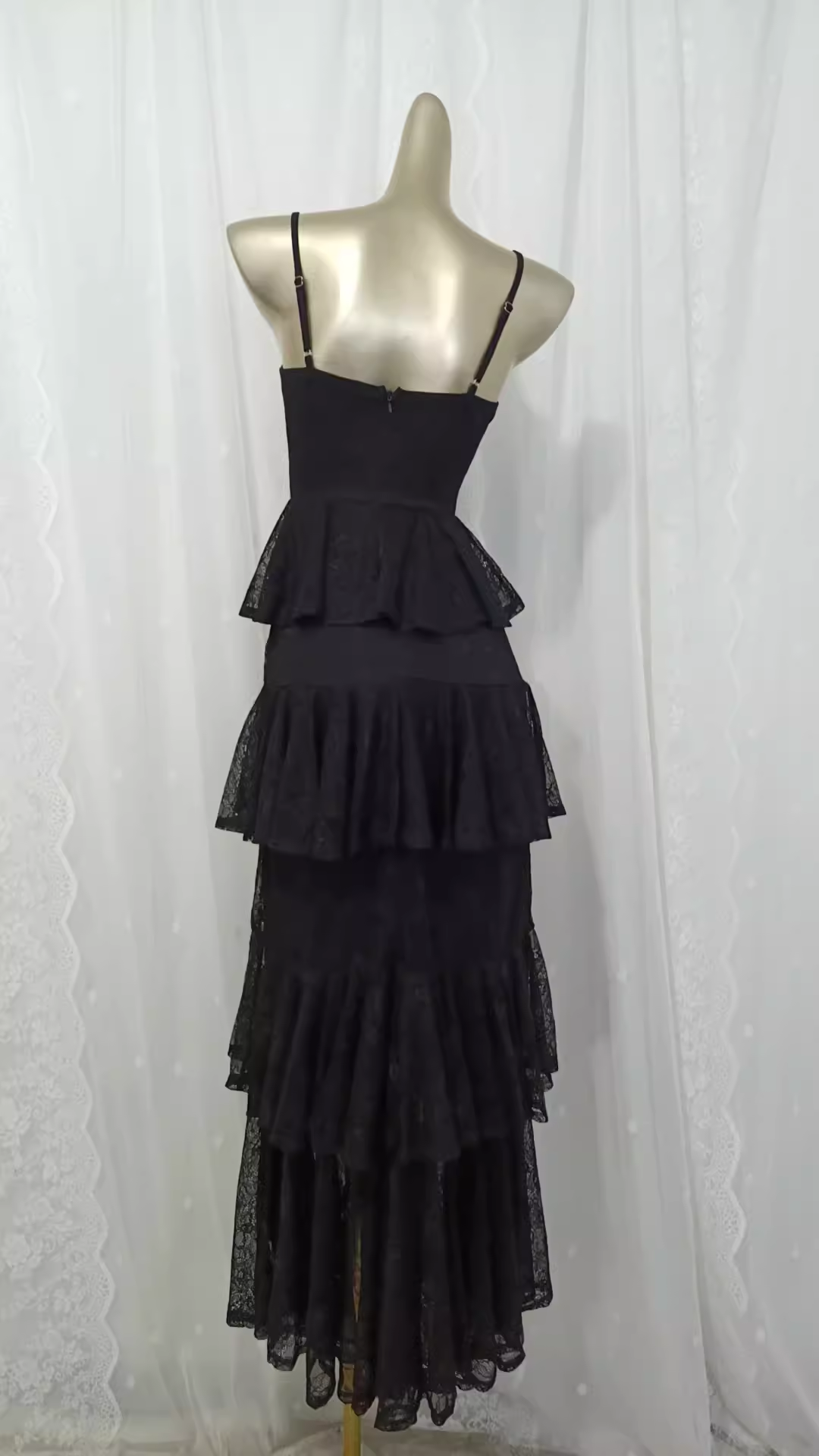 Vintage A line Spaghetti Straps Lace Vacation Black Beach Dress Long Dress