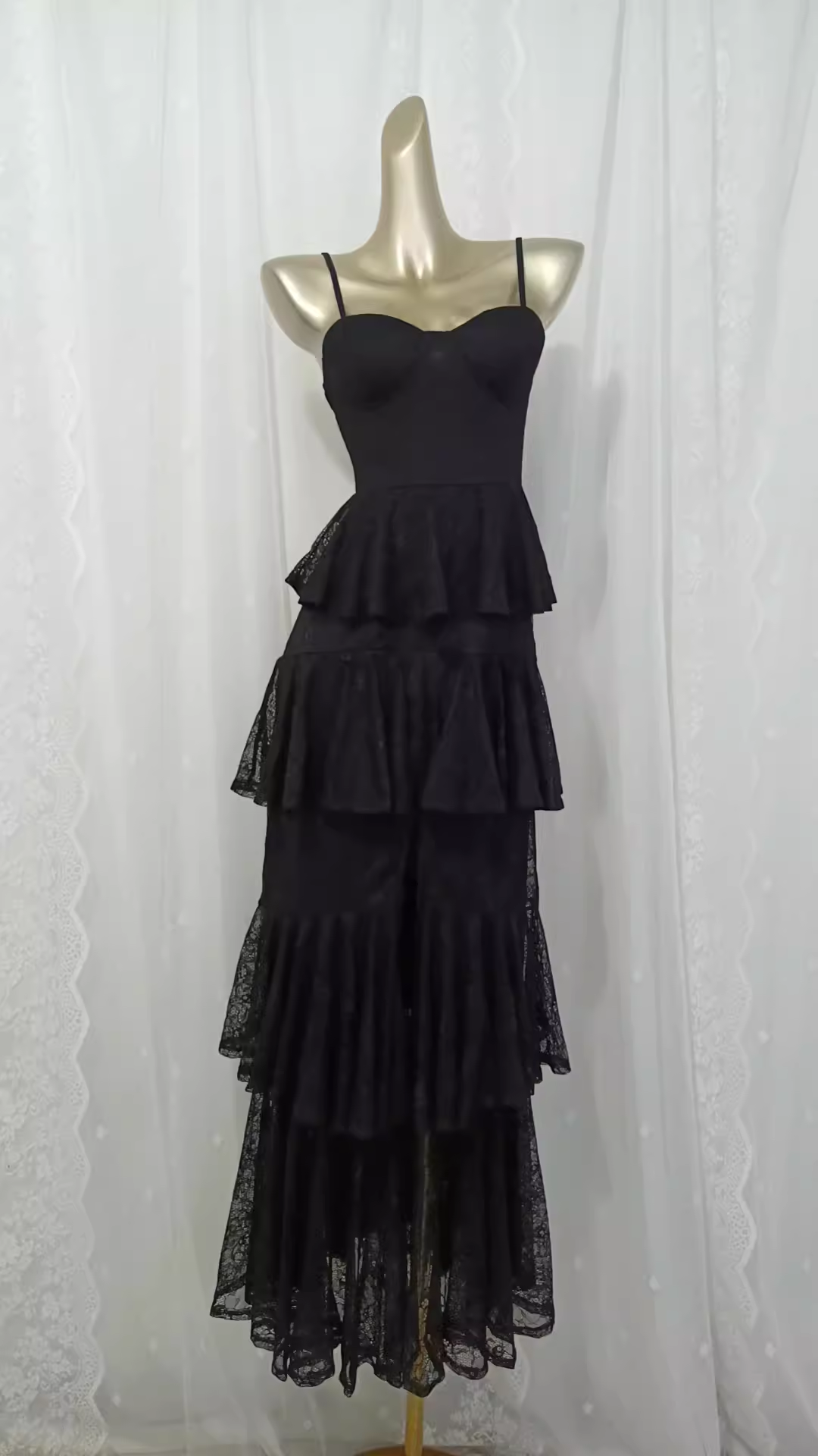 Vintage A line Spaghetti Straps Lace Vacation Black Beach Dress Long Dress