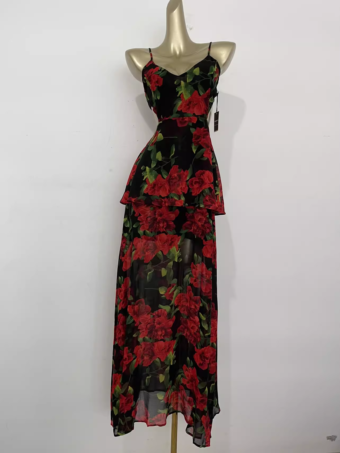 Vintage A line Spaghetti Straps Red Rose Travel Vacation Floral Beach Dress Long Dress