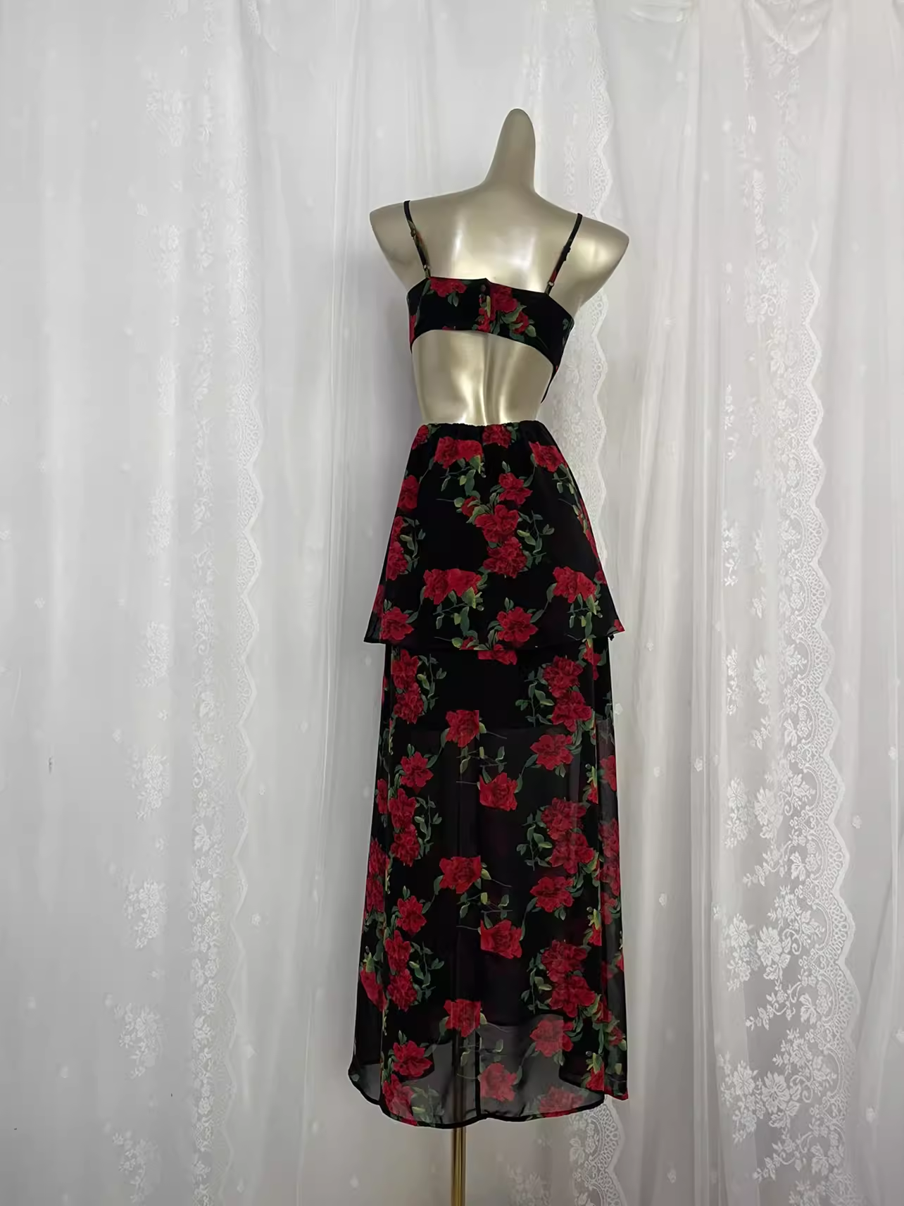 Vintage A line Spaghetti Straps Red Rose Travel Vacation Floral Beach Dress Long Dress