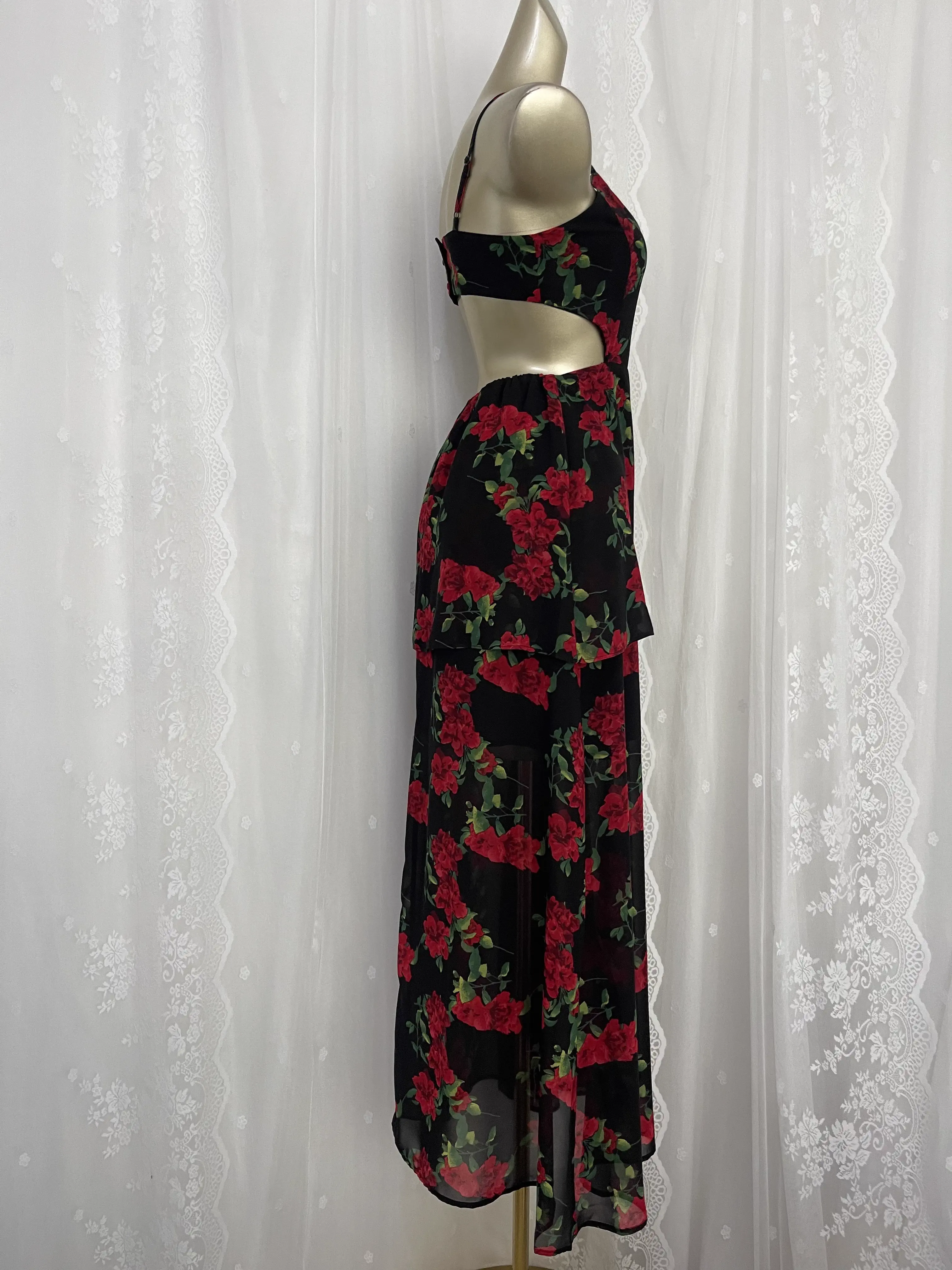 Vintage A line Spaghetti Straps Red Rose Travel Vacation Floral Beach Dress Long Dress