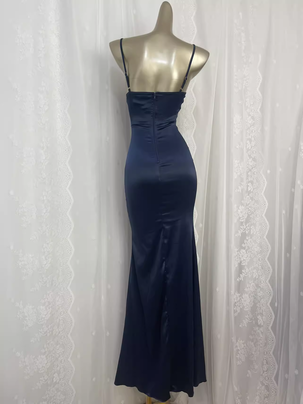 Sexy Sheath Spaghetti Straps Navy Blue Long Vacation Dress Birthday Dresses