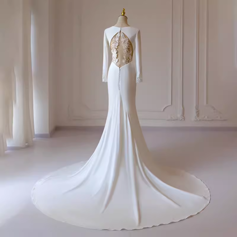 Simple Mermaid V Neckline Satin Ivory Long Sleeves Wedding Dresses