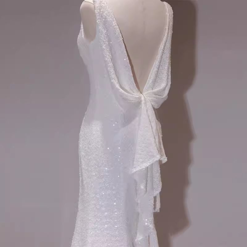 Simple Mermaid Spaghetti Straps Sequin White Long Wedding Dresses