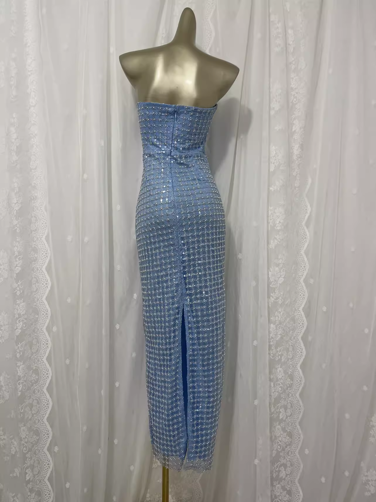 Simple Sheath Straplesss Blue Sequin Slit Vacation Dress Long Birthday Outfits