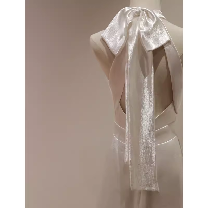 Simple Sheath Satin White Long Wedding Dresses Backless Brides Dress
