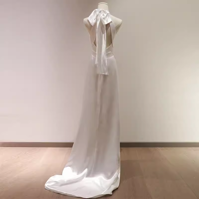 Simple Sheath Satin White Long Wedding Dresses Backless Brides Dress