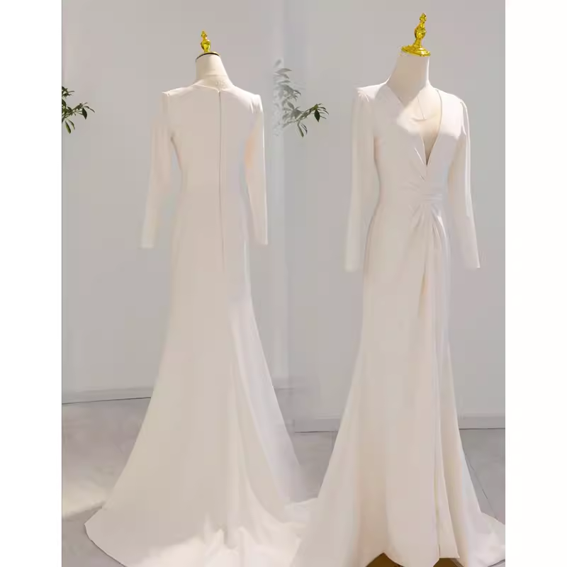 Sexy Mermaid Long Sleeves V Neckline Satin White Long Wedding Dresses Brides Dress
