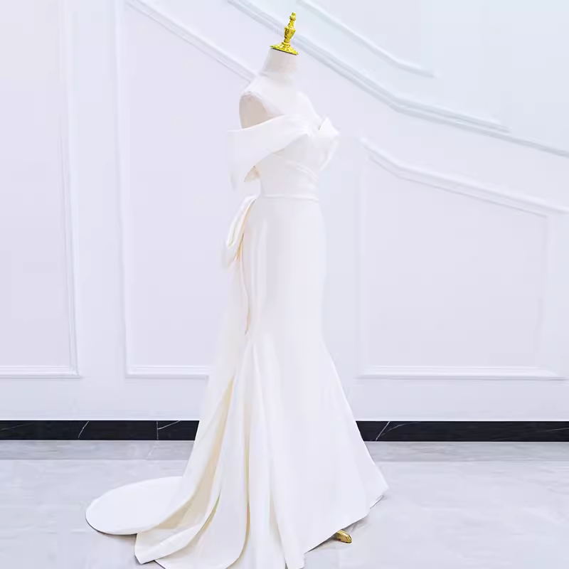 Sexy Mermaid Off The Shoulder Satin White Long Wedding Dresses Brides Dress