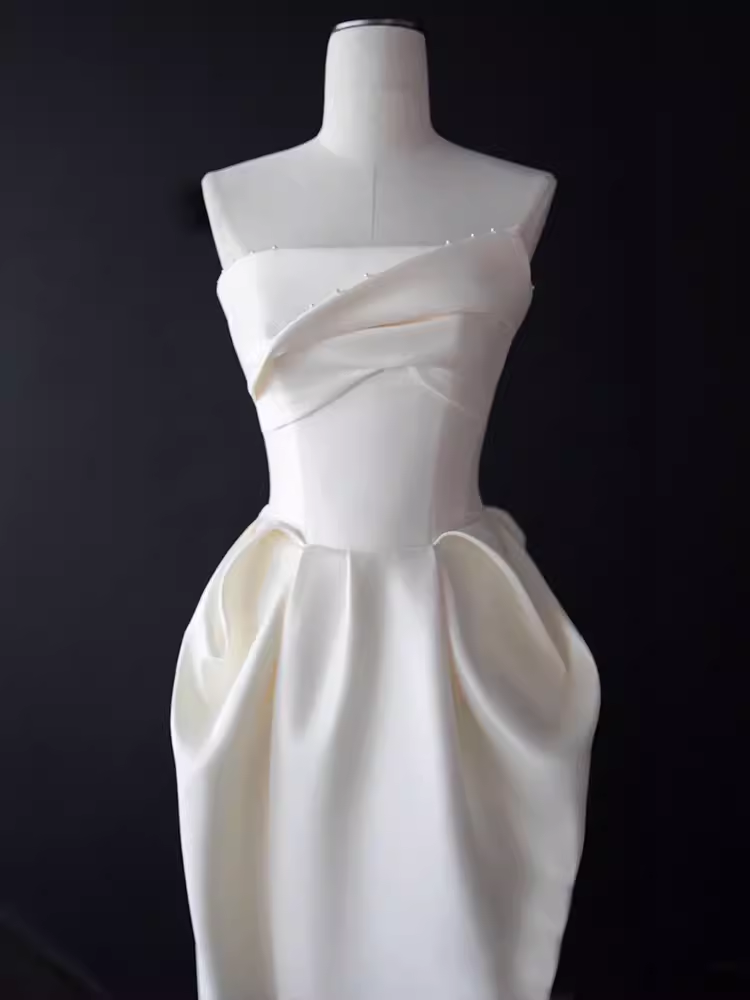 Sexy A line Strapless Satin White Tea Length Wedding Dresses Brides Dress