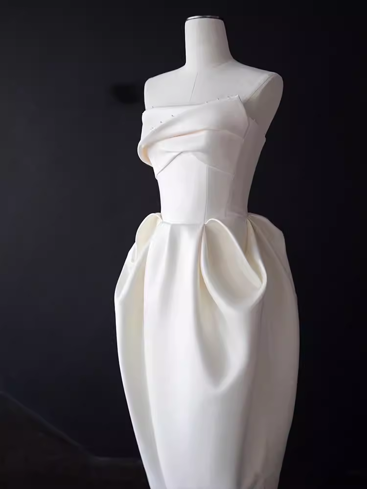 Sexy A line Strapless Satin White Tea Length Wedding Dresses Brides Dress