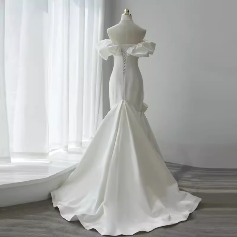Sexy Mermaid Off The Shoulder Satin White Long Wedding Dresses Brides Dress