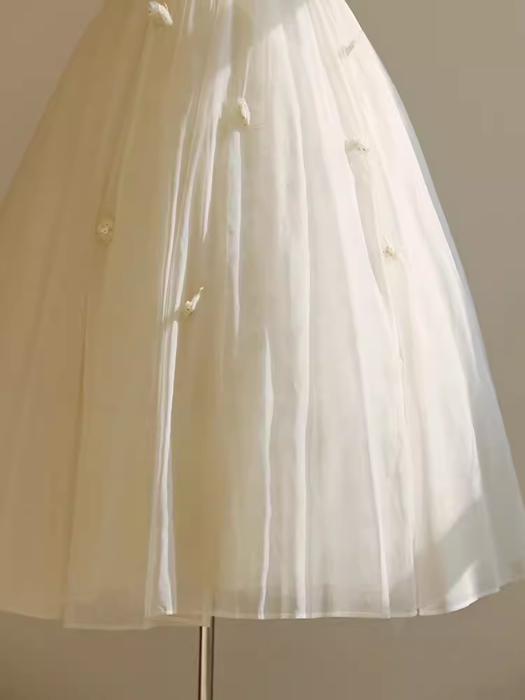 Vintage Ball Gown Bateau White Tea Length Wedding Dresses Brides Dress