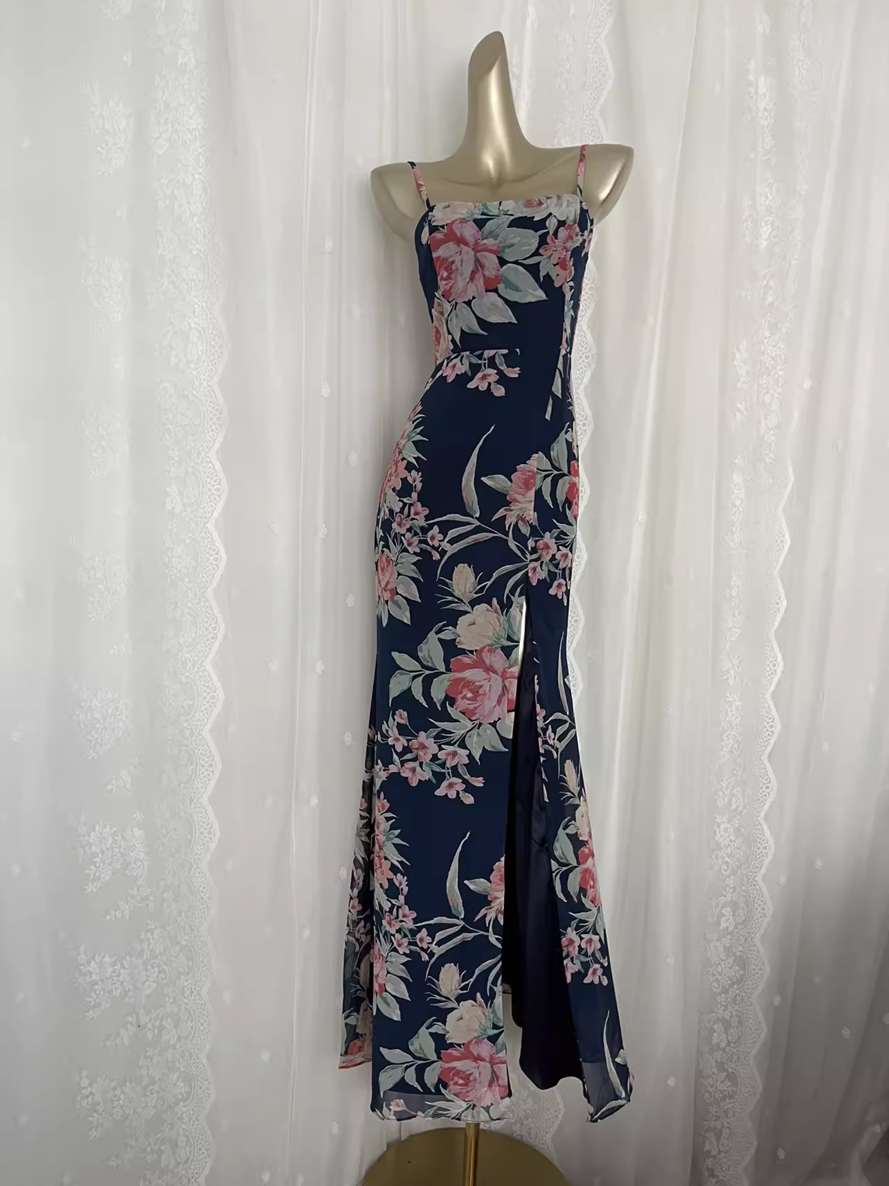 Vintage Sheath Spaghetti Straps Blue Rose Travel Vacation Floral Beach Dress Long Dress