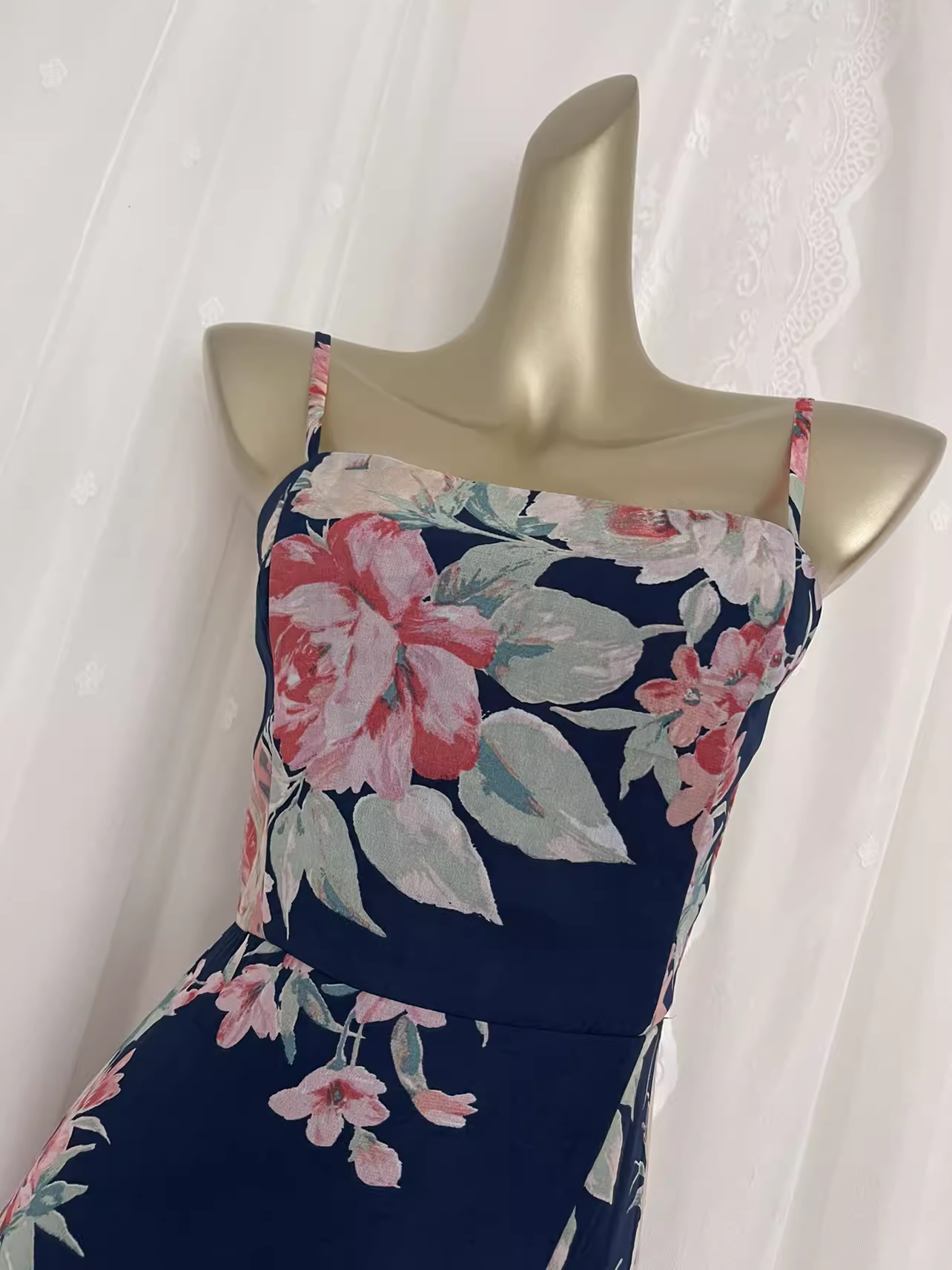 Vintage Sheath Spaghetti Straps Blue Rose Travel Vacation Floral Beach Dress Long Dress