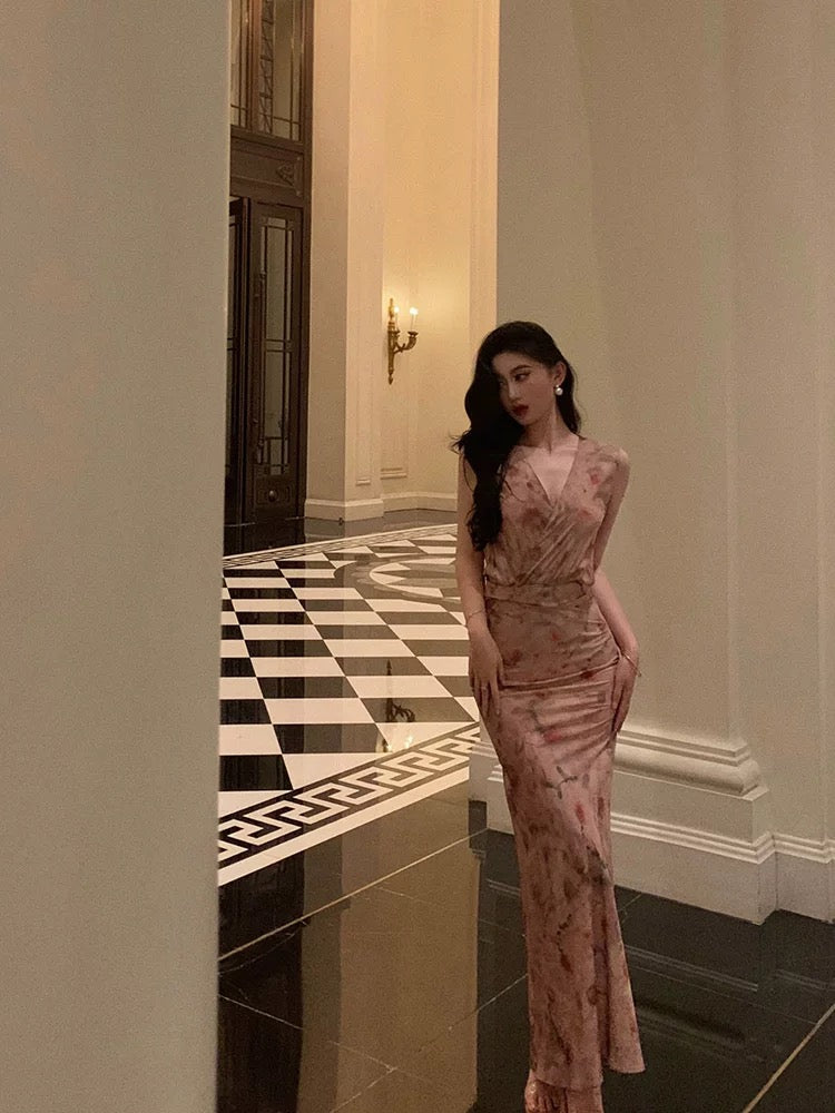 Sexy Sheath V Neckline Long Pink Floral Prom Dresses Birthday Outfits Evening Gown