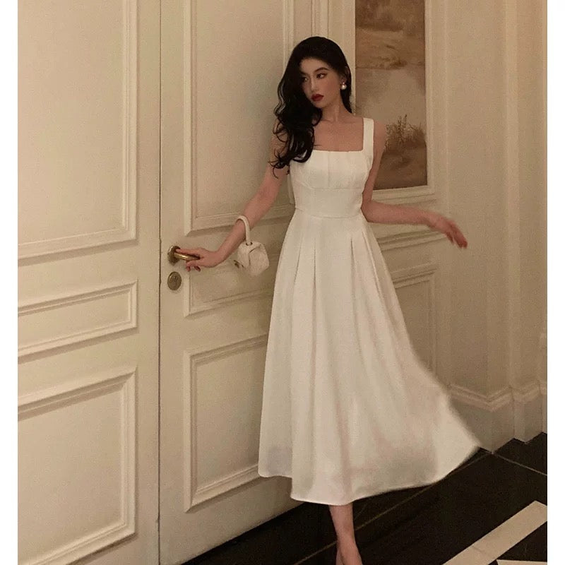 Sexy A line Square Neckline White Satin Prom Dresses Birthday Outfits Evening Gown