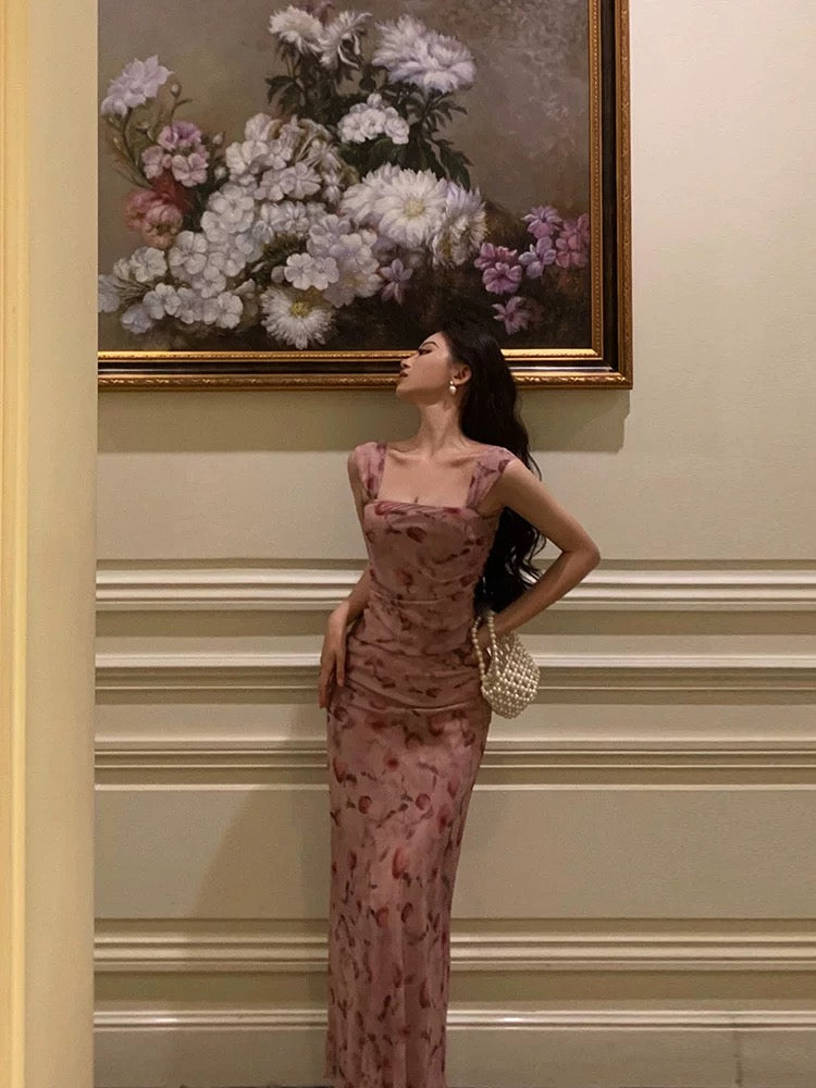 Sexy Sheath Square Neckline Floral Pink Prom Dresses Birthday Outfits Evening Gown