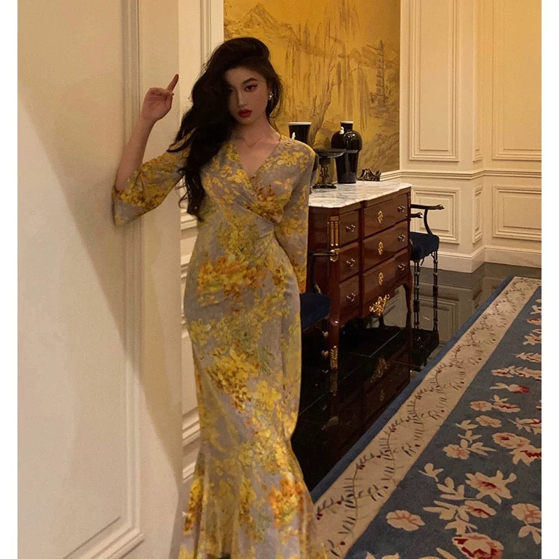 Sexy Sheath V Neckline Floral Yellow Slit Prom Dresses Birthday Outfits Evening Gown