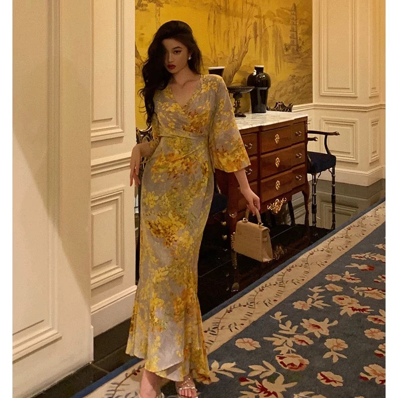 Sexy Sheath V Neckline Floral Yellow Slit Prom Dresses Birthday Outfits Evening Gown
