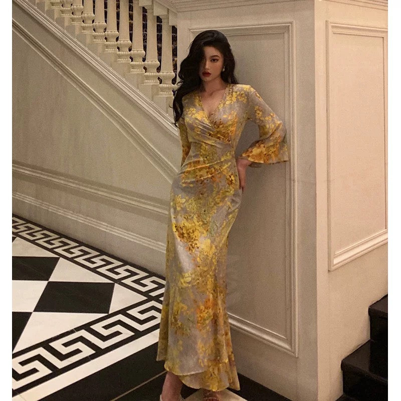 Sexy Sheath V Neckline Floral Yellow Slit Prom Dresses Birthday Outfits Evening Gown