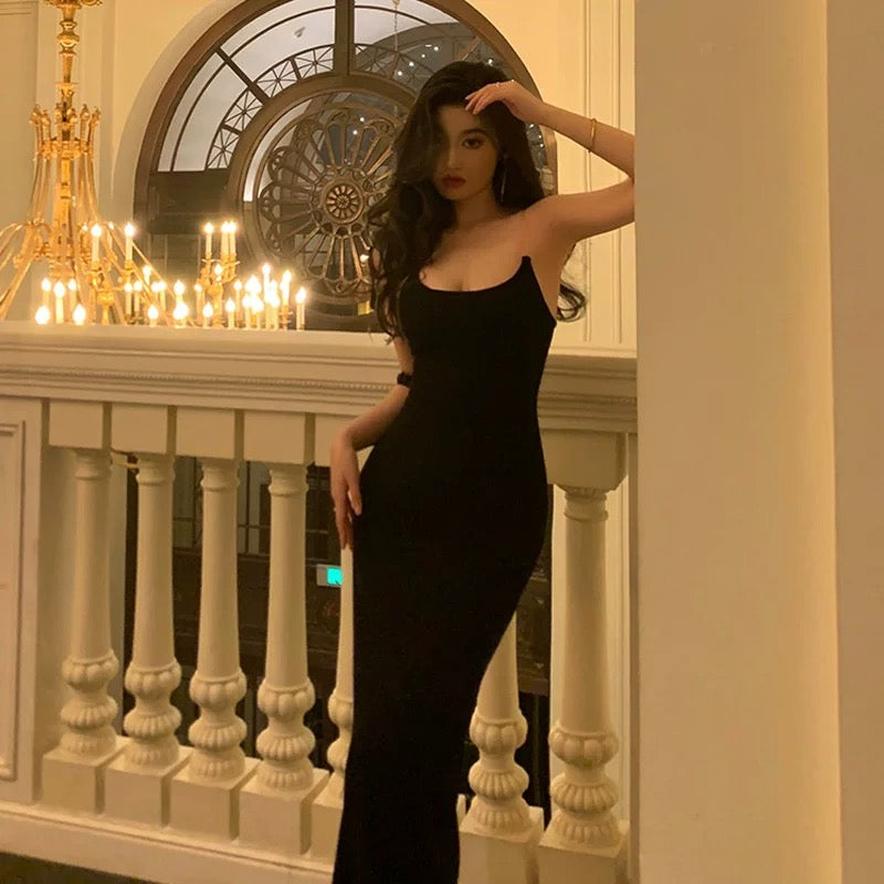 Sexy Sheath Spaghetti Straps Black Prom Dresses Birthday Outfits Evening Gown