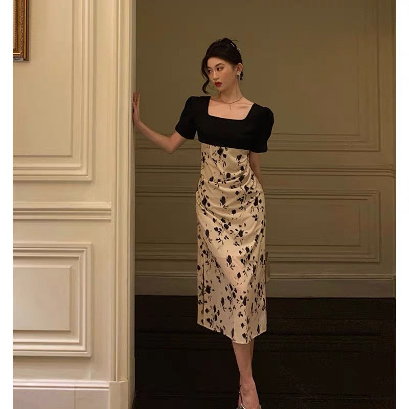 Sexy A Line Square Neckline Floral Black Prom Dresses Birthday Outfits Evening Gown