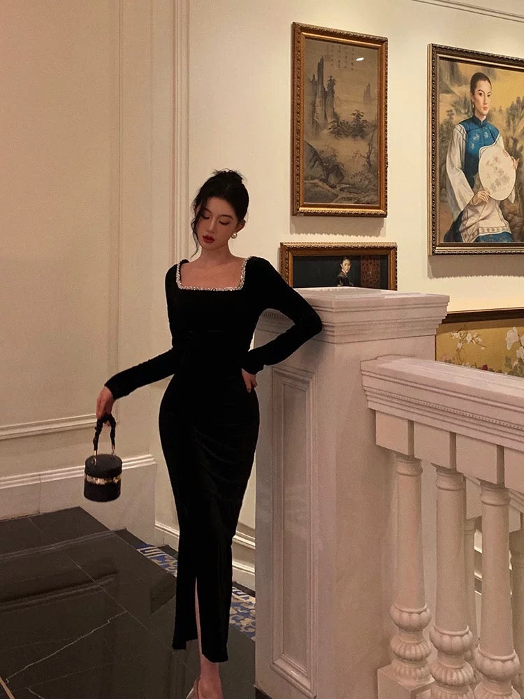 Sexy French Sheath Square Neckline Black Prom Dresses Birthday Outfits Evening Gown