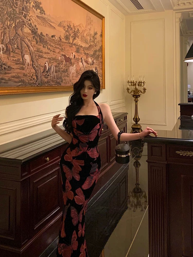 Sexy French Sheath Halter Floral Prom Dresses Birthday Outfits Evening Gown