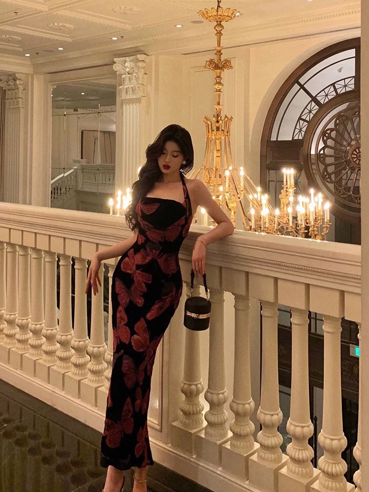 Sexy French Sheath Halter Floral Prom Dresses Birthday Outfits Evening Gown