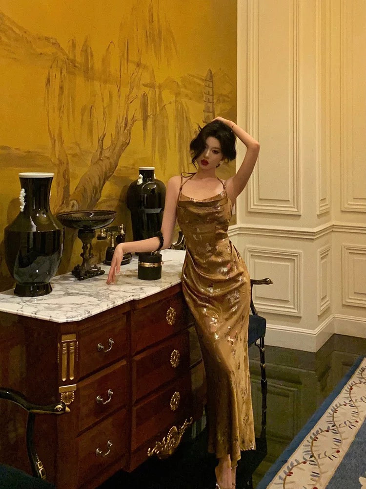 Gorgeous Sheath Straps Gold Satin Date Night Dress Long Prom Dresses Birthday Outfits