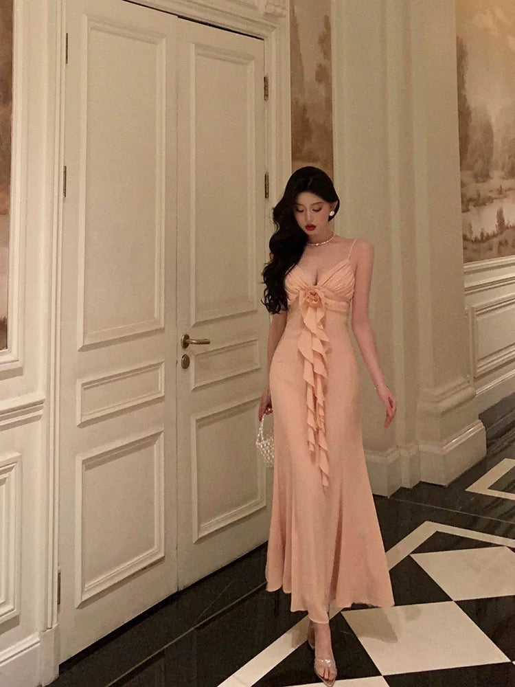 Gorgeous Sheath Spaghetti Straps Pink Chiffon Date Night Dress Long Prom Dresses Birthday Outfits
