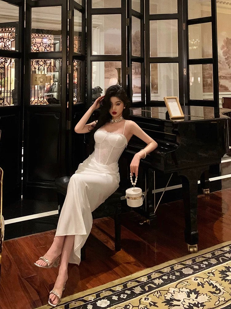 Gorgeous Sheath Spaghetti Straps White Satin Date Night Dress Long Prom Dresses Birthday Outfits