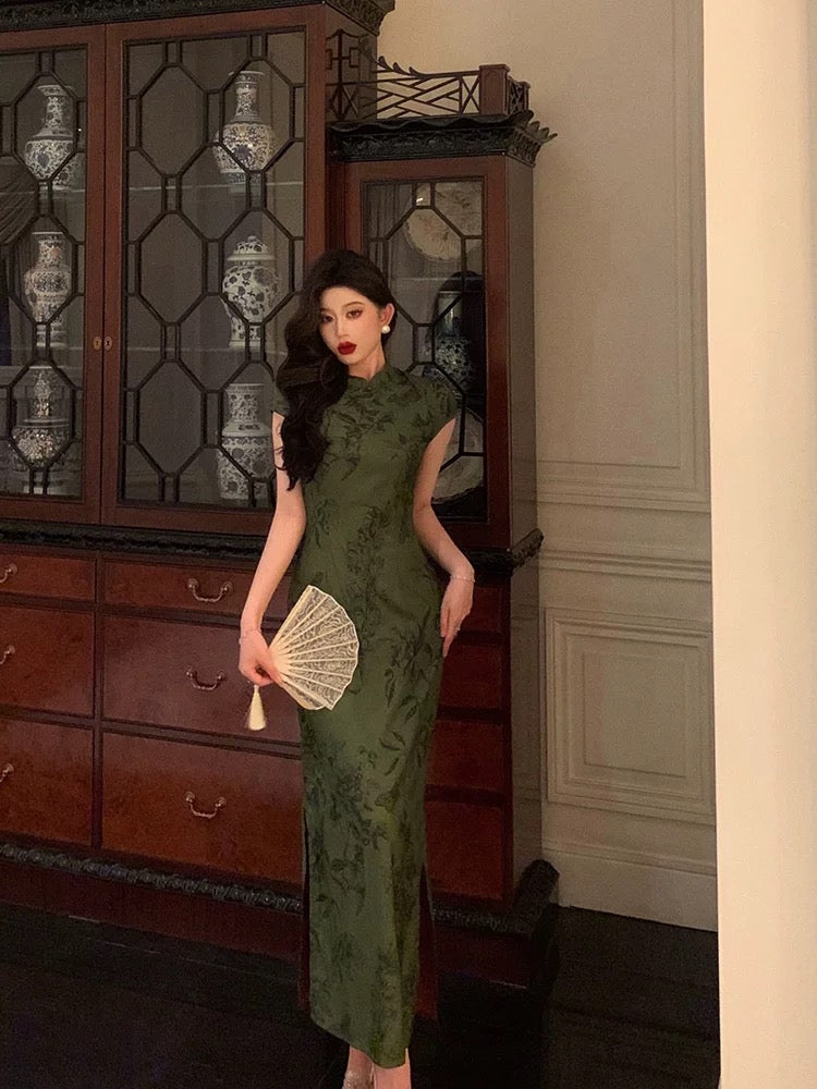 Gorgeous Sheath High Neckline Short Sleeves Green Date Night Dress Long Prom Dresses Birthday Outfits