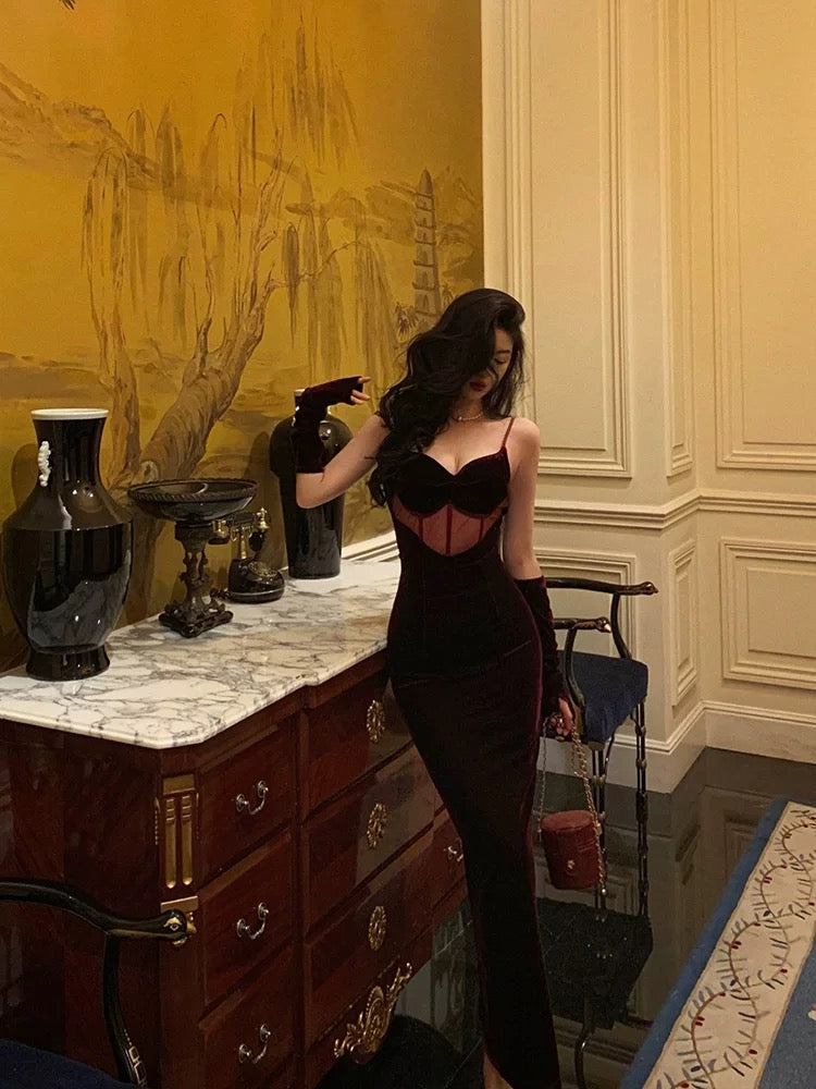 Gorgeous Mermaid Spaghetti Straps Date Night Dress Burgundy Velvet Long Prom Dresses Birthday Outfits