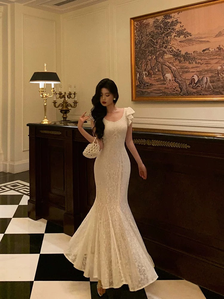Gorgeous Mermaid Straps Date Night Dress White Lace Long Prom Dresses Birthday Outfits