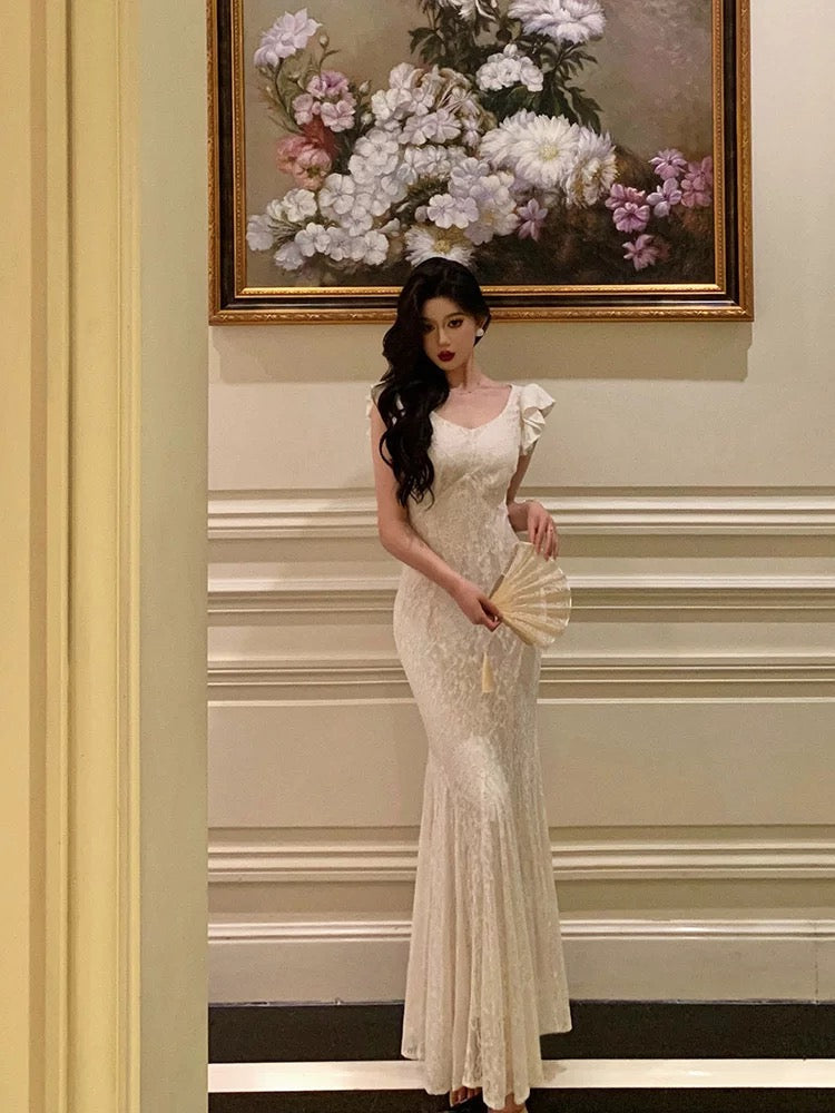 Gorgeous Mermaid Straps Date Night Dress White Lace Long Prom Dresses Birthday Outfits