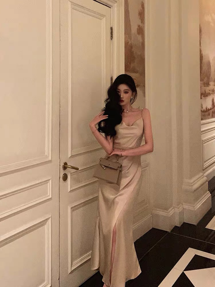 Gorgeous Mermaid Spaghetti Straps Champagne Slit Date Night Dress Prom Dresses Birthday Outfits