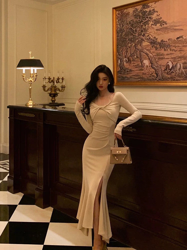 Classy Mermaid Long Sleeves Ivory Slit Prom Dresses Birthday Outfits Evening Gown