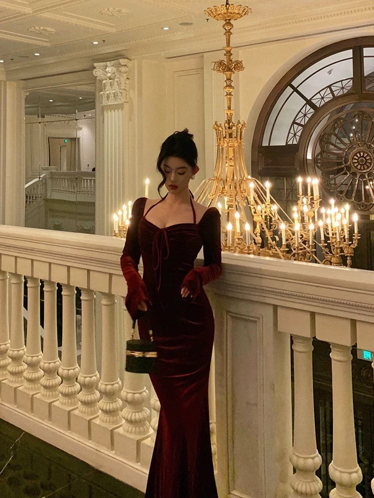 Gorgeous Mermaid Halter Burgundy Date Night Dress Prom Dresses Birthday Outfits