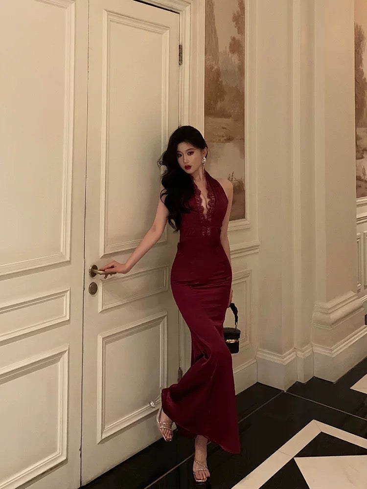 Gorgeous Mermaid V Neckline Burgundy Date Night Dress Lace Prom Dresses Birthday Outfits