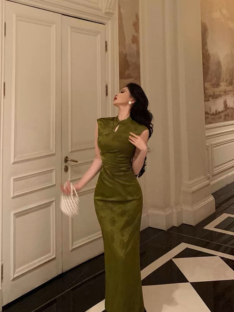 Gorgeous Mermaid High Neckline Green Satin Floral Date Night Dress Long Prom Dresses Birthday Outfits