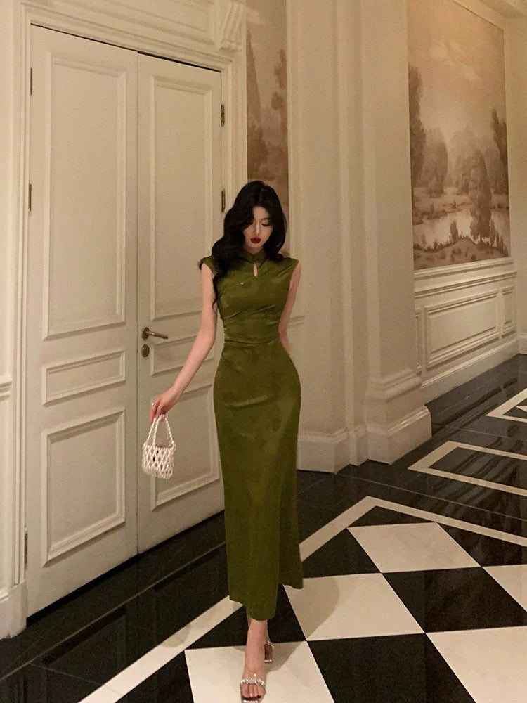 Gorgeous Mermaid High Neckline Green Satin Floral Date Night Dress Long Prom Dresses Birthday Outfits