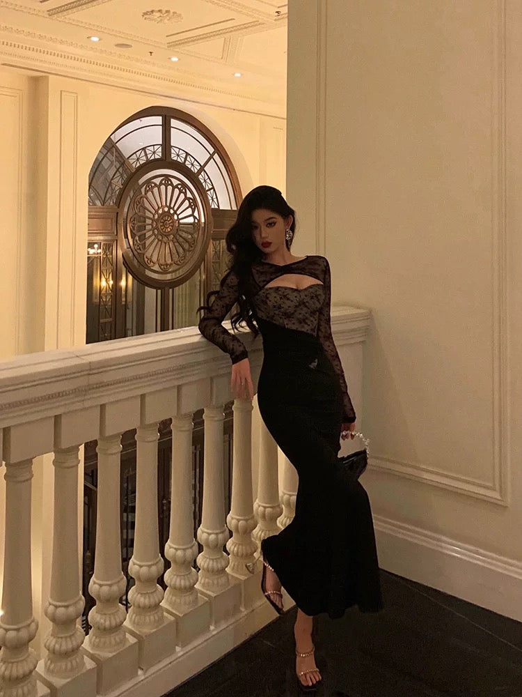 Gorgeous Mermaid Black Lace Date Night Dress Long Prom Dresses Birthday Outfits