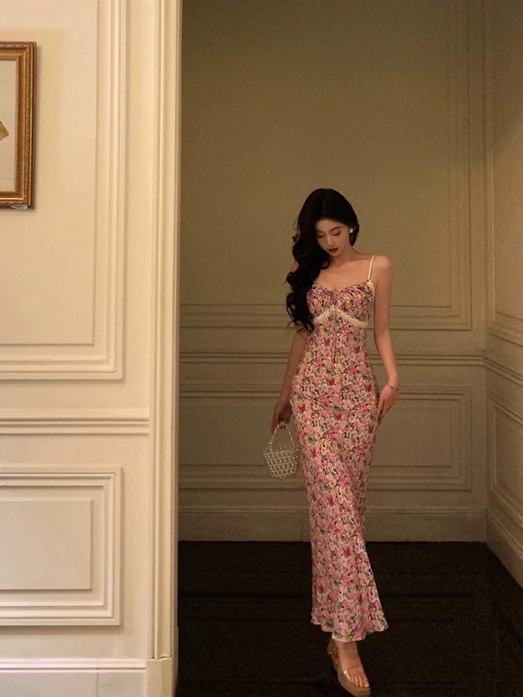 Gorgeous Mermaid Spaghetti Straps Pink Floral Date Night Dress Long Prom Dresses Birthday Outfits